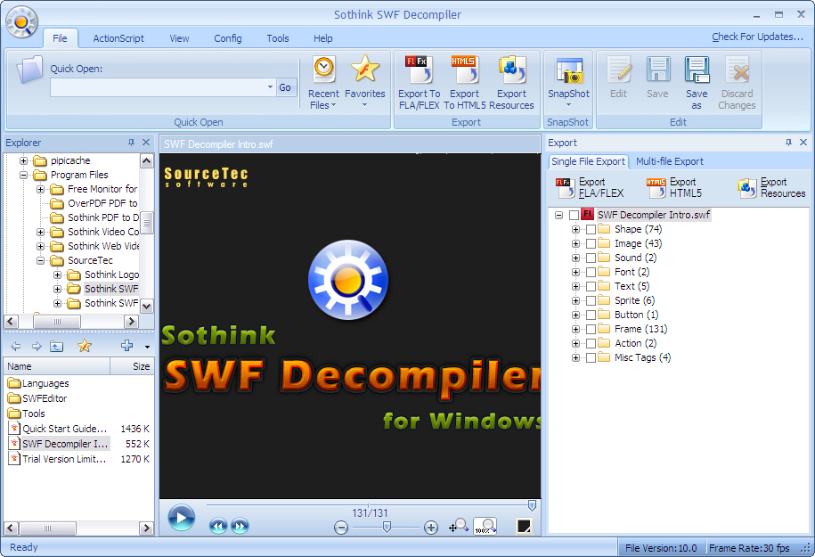 A high-performance Flash decompiler and Flash to HTML5 converter. You can convert SWF to HTML5 and SWF to FLA/FLEX; Extract Flash resources; Edit SWF by editing the shape elements or replacing image/text/sound elements; Get XFL from Flash CS5 SWF. 