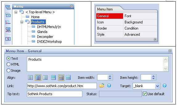 Set menu item settings - DHTML Menu