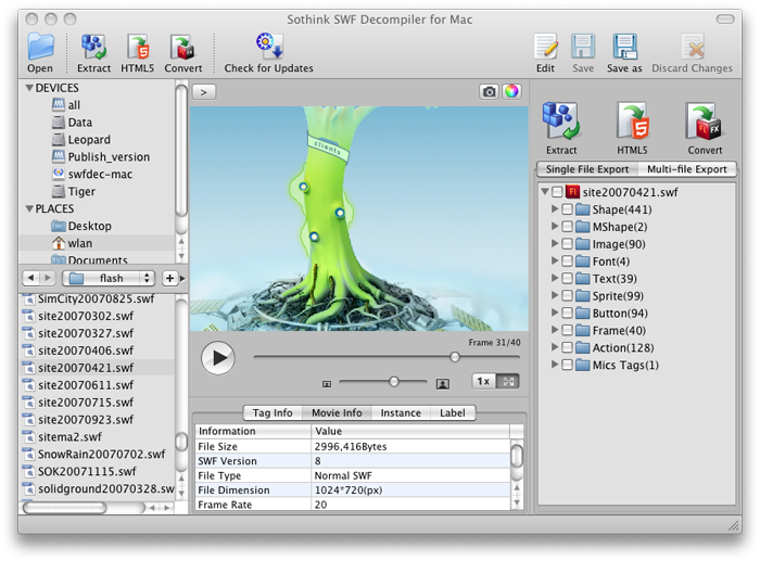 SWF Decompiler  for Mac Interface