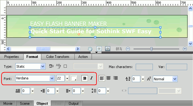 Flash banner text properties